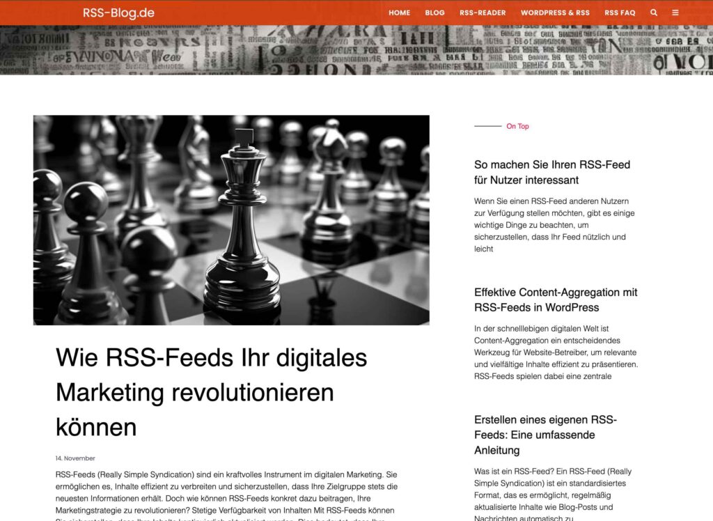 Screenshot der WordPress-Website rss-blog.de, die durch modernes Design und klare Struktur die flexible, SEO-optimierte Umsetzung von addLeader GmbH demonstriert.