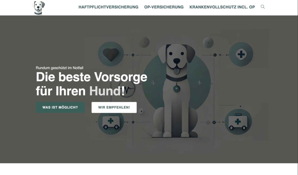 Screenshot der WordPress-Website versichere-deinen-hunde.de, die mit ansprechendem Design und benutzerfreundlicher Navigation die Vielseitigkeit und Leistungsfähigkeit von WordPress, umgesetzt von der addLeader GmbH, präsentiert.