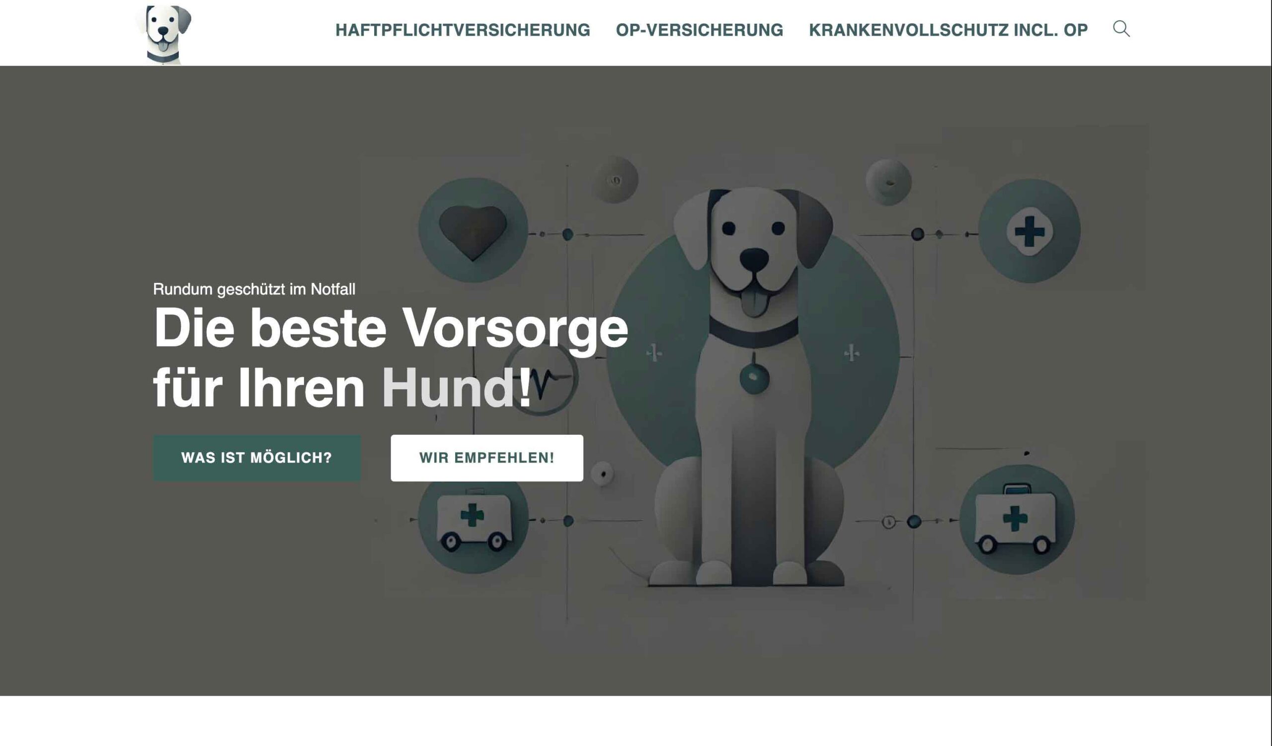 Screenshot der WordPress-Website versichere-deinen-hunde.de, die mit ansprechendem Design und benutzerfreundlicher Navigation die Vielseitigkeit und Leistungsfähigkeit von WordPress, umgesetzt von der addLeader GmbH, präsentiert.