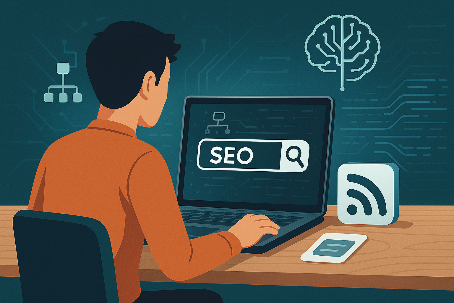 Person am Laptop recherchiert zu SEO, Künstlicher Intelligenz und RSS-Feeds – Symbolbild für moderne Webstrategien im KI-Zeitalter.